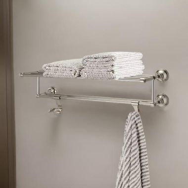 Click here to see Pfister BTR-TB2D Pfister Tisbury 24in Towel Rack with Two Hanging Hooks, Premium Metal, Concealed Screw Installation, Polished Nickel - BTR-TB2D