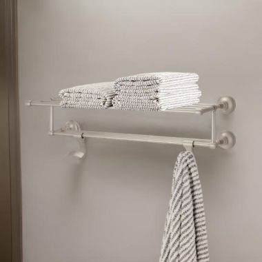 Click here to see Pfister BTR-TB2K Pfister Tisbury 24in Towel Rack with Two Hanging Hooks, Premium Metal, Concealed Screw Installation, Brushed Nickel - BTR-TB2K