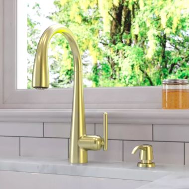 Click here to see Pfister GT529-SMBG Pfister Lita Single-Handle Pull-Down Kitchen Faucet w/ Soap Dispenser, Brushed Gold - GT529-SMBG