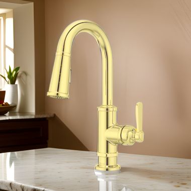 Click here to see Pfister GT572-TDBG Pfister Port Haven Single-Handle Pull-Down BarPrep Kitchen Faucet, 1.8 GPM, Brushed Gold - GT572-TDBG