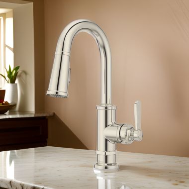 Click here to see Pfister GT572-TDD Pfister Port Haven Single-Handle Pull-Down BarPrep Kitchen Faucet, 1.8 GPM, Polished Nickel - GT572-TDD