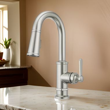 Click here to see Pfister GT572-TDS Pfister Port Haven Single-Handle Pull-Down BarPrep Kitchen Faucet, 1.8 GPM, Stainless Steel - GT572-TDS