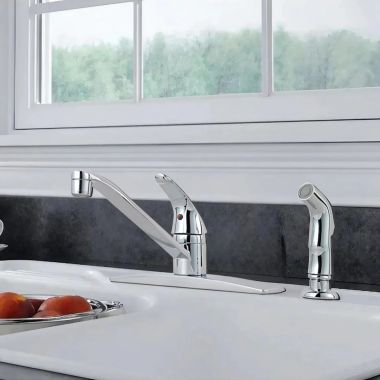 Click here to see Pfister J134-444C Pfister Pfirst Series Single-Handle Kitchen Faucet, Polished Chrome - J134-444C