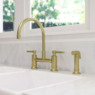 Click here to see  LG31-TDBG Pfister Port Haven Two-Handle Bridge Kitchen Faucet with Side Spray, 1.8 GPM, High-Arc Spout, Pfast Connect, Pforever Seal, Brushed Gold - LG31-TDBG