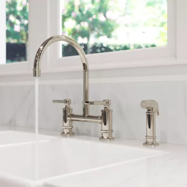 Click here to see  LG31-TDD Pfister Port Haven Two-Handle Bridge Kitchen Faucet with Side Spray, 1.8 GPM, High-Arc Spout, Pfast Connect, Pforever Seal, Polished Nickel - LG31-TDD