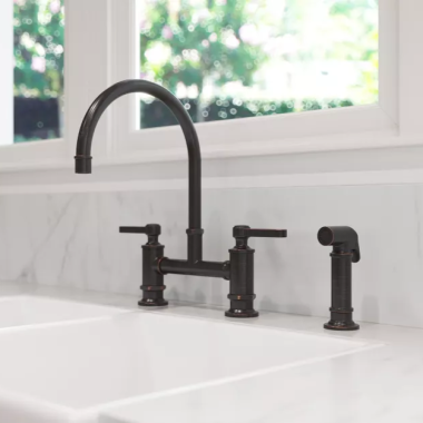 Click here to see Pfister LG31-TDY Pfister Port Haven Two-Handle Bridge Kitchen Faucet with Side Spray, 1.8 GPM, High-Arc Spout, Pfast Connect, Pforever Seal, Tuscan Bronze - LG31-TDY
