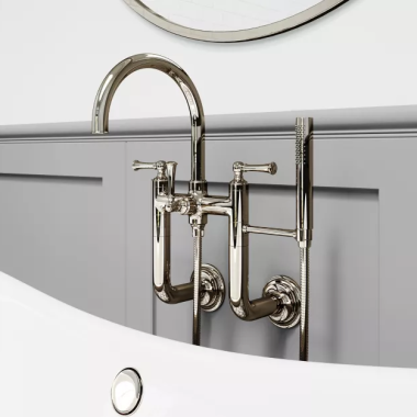 Click here to see Pfister LG6-3TBD PFISTER LG6-3TBD TISBURY WALL MOUNT TUB FILLER WITH SPRAY POLISHED NICKEL
