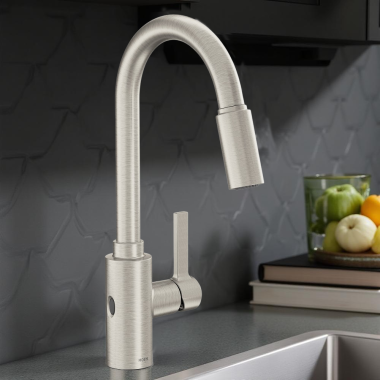 Click here to see Moen 7882EWSRS Moen Genta LX Single-Handle High Arc Pull-Down Kitchen Faucet w/ MotionSense Wave, 1.5 GPM, Spot Resist Stainless - 7882EWSRS