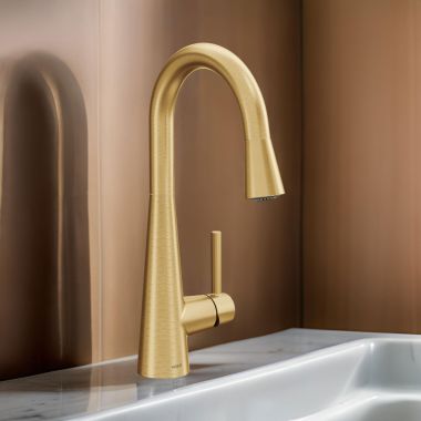 Click here to see Moen 7664BG Moen Sleek Single Handle Pull-Down Bar/Prep Faucet, Brushed Gold - 7664BG