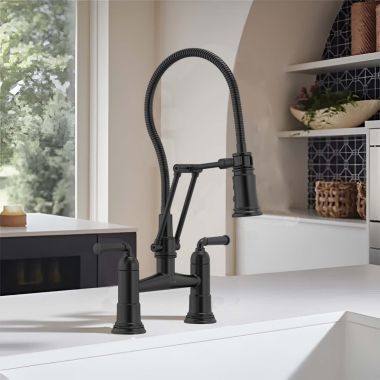 Click here to see Brizo 62174LF-BL Brizo Rook Two-Handle Articulating Bridge Kitchen Faucet with Finished Hose, MagneDock, 1.8 GPM, Matte Black - 62174LF-BL