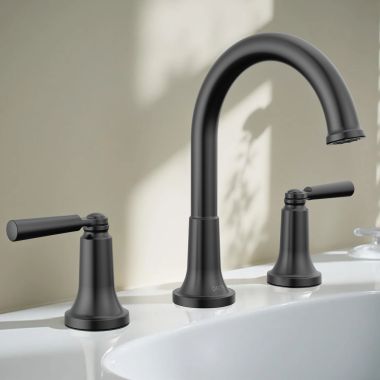 Click here to see Delta 3535-BLMPU-DST Delta Saylor Two Handle Widespread Bathroom Faucet with Metal Pop-Up Drain, DIAMOND Seal, 1.2 GPM, Matte Black - 3535-BLMPU-DST