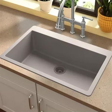 Click here to see Elkay ELGR13322GR0 Elkay Quartz Classic Greige 33in x 20-7/8in x 9-7/16in Drop-in with Rear Center Drain, Single Bowl Sink - ELGR13322GR0