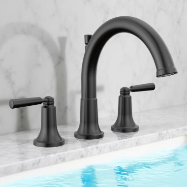 Click here to see Delta T2735-BL Delta Saylor Roman Tub Trim, High-Arc Spout, Two Lever Handles, ADA-Compliant, Matte Black - T2735-BL