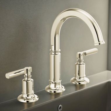 Click here to see Brizo 65376LF-PNLHP-ECO Brizo Invari Two-Handle Widespread Bathroom Faucet with Arc Spout, Deck-Mount, 1.2 GPM, Brilliance Polished Nickel - 65376LF-PNLHP-ECO