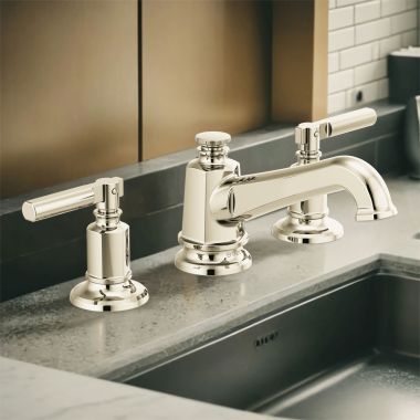 Click here to see Brizo 65378LF-PNLHP-ECO Brizo Invari Two-Handle Widespread Deck-Mount Brilliance Polished Nickel Bathroom Faucet with Angled Spout, 1.2 GPM, Less Handles - 65378LF-PNLHP-ECO
