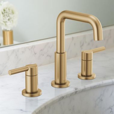 Click here to see Delta 35849LF-CZ Delta Nicoli Widespread Bathroom Faucet, Two-Handle, Deck Mount, ADA-Compliant, 1.2 GPM, Champagne Bronze - 35849LF-CZ