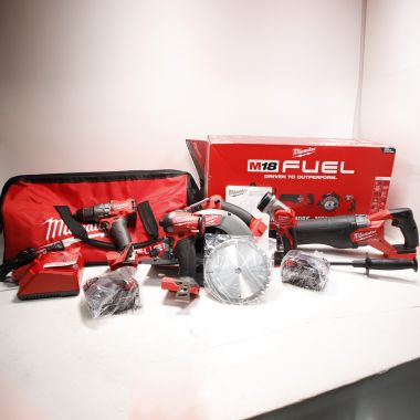 Click here to see Milwaukee 3697-25 Milwaukee 5-Tool M18 FUEL Brushless Cordless Combo Kit with (2) 5.0 Ah Batteries, (1) Charger, and (1) Tool Bag - 3697-25