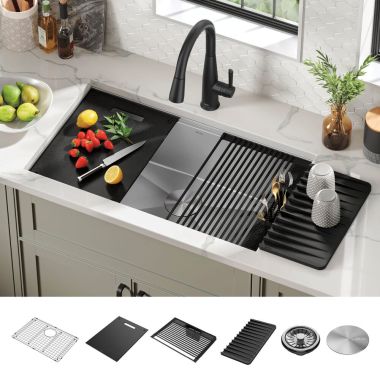 Click here to see Delta 95B931-30S-SS Delta Rivet 30” x 19” x 9-1/2” Single Bowl Undermount Workstation Kitchen Sink Kit, Stainless Steel - 95B931-30S-SS