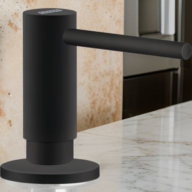 Click here to see Franke ACT-SD-MBK Franke Active 10oz Soap and Lotion Dispenser, Round, Deck Mount, Brass, Matte Black - ACT-SD-MBK (119.0547.906)