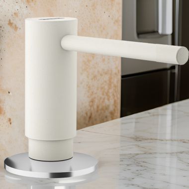Click here to see Franke ACT-SD-PWT Franke Active 10oz Soap and Lotion Dispenser, Round, Deck Mount, Brass, Polar White - ACT-SD-PWT (112.0633.079)