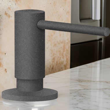 Click here to see Franke ACT-SD-STG Franke Active 10oz Soap and Lotion Dispenser, Round, Deck Mount, Brass, Stone Grey - ACT-SD-STG (119.0565.123)