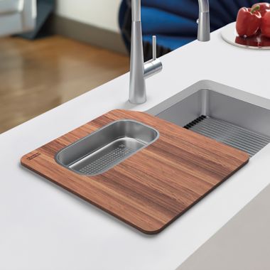 Click here to see Franke OC2-45SP Franke 17-1/8 x 19-13/16 Multi-Functional Cutting Board with Integrated Small Colander, Solid Wood  - OC2-45SP