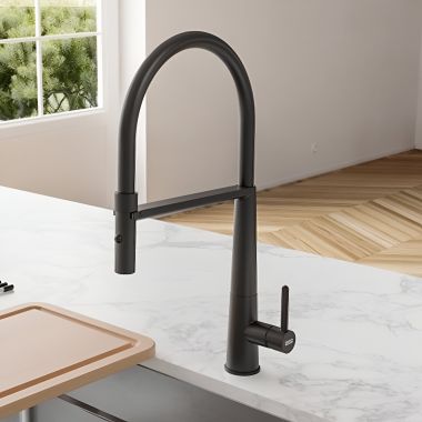 Click here to see Franke ICN-SP-MBK Franke Icon Single Handle Semi-Pro Kitchen Sink Faucet, Lever Handle, 1.75 GPM, Matte Black - ICN-SP-MBK
