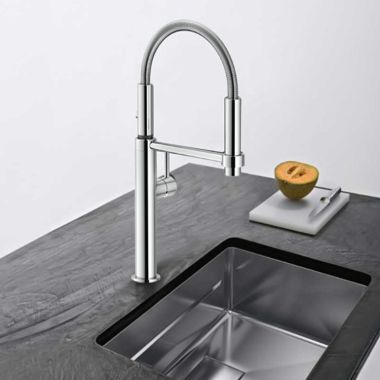 Click here to see Franke PES-360-CHR Franke Pescara Single Handle Semi-Pro Kitchen Sink Faucet, Lever Handle, 1.75 GPM, Magnetic Docking, ECO Cartridge, Polished Chrome - PES-360-CHR