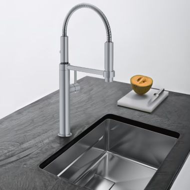 Click here to see Franke PES-360-SNI Franke Pescara Single Handle Semi-Pro Kitchen Sink Faucet, Lever Handle, 1.75 GPM, Magnetic Docking, ECO Cartridge, Satin Nickel - PES-360-SNI