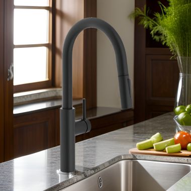 Click here to see Franke PES-PD-MBK Franke Pescara Single Handle High Arc Pull-Down Kitchen Sink Faucet, Lever Handle, 1.75 GPM, Matte Black - PES-PD-MBK