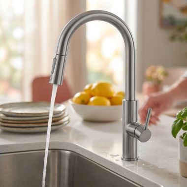Click here to see Franke PES-PDX-SNI Franke Pescara Single Handle High Arc Pull-Down Kitchen Sink Faucet, Lever Handle, 1.75 GPM, Satin Nickel - PES-PDX-SNI