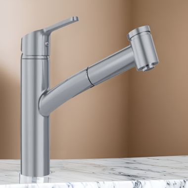 Click here to see Franke SMA-PO-SNI Franke Smart Single Handle Pull-Out Kitchen Faucet, 150-Degree Swivel Spout, 1.75 GPM, Satin Nickel - SMA-PO-SNI