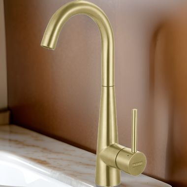 Click here to see Franke STL-BR-GLD Franke Steel Single-Handle High Arc Bar Faucet, 360-Degree Swivel Spout, 1.75 GPM, Gold - STL-BR-GLD