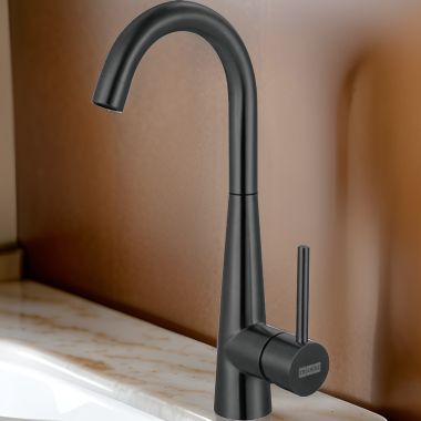 Click here to see Franke STL-BR-IBK Franke Steel Single-Handle High Arc Bar Faucet, 360-Degree Swivel Spout, 1.75 GPM, Industrial Black - STL-BR-IBK