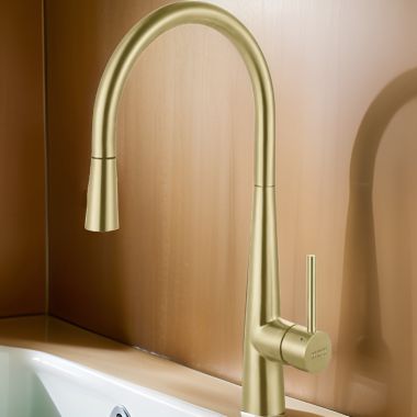 Click here to see Franke STL-PD-GLD Franke Steel Single Handle High-Arc Pulldown Stainless Steel Kitchen Faucet, 360-Degree Swivel Spout, 1.75 GPM, Gold - STL-PD-GLD