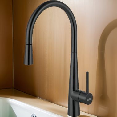 Click here to see Franke STL-PD-IBK Franke Steel Single Handle High-Arc Pulldown Stainless Steel Kitchen Faucet, 360-Degree Swivel Spout, 1.75 GPM, Industrial Black - STL-PD-IBK