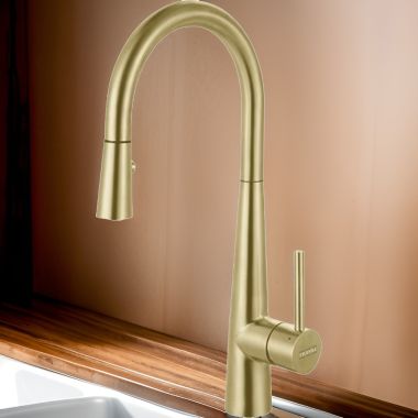 Click here to see Franke STL-PR-GLD Franke Steel Single-Handle High Arc Pulldown Prep Faucet, 360-Degree Swivel Spout, 1.75 GPM, Gold - STL-PR-GLD