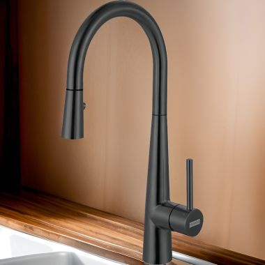 Click here to see Franke STL-PR-IBK Franke Steel Single-Handle High Arc Pulldown Prep Faucet, 360-Degree Swivel Spout, 1.75 GPM, Industrial Black - STL-PR-IBK 