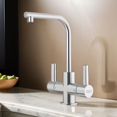 Click here to see Franke ATL-HC-304 Franke Atlas Neo Two Handle Hot and Cold Water Beverage Faucet, 360-Degree Swivel Spout, 1.75 GPM, Stainless Steel - ATL-HC-304
