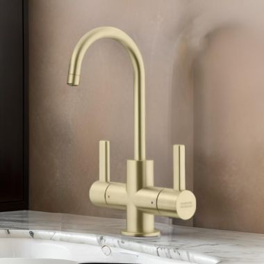 Click here to see Franke EOS-HC-GLD Franke Eos Neo Two-Handle Beverage Faucet for Hot and Cold Filtered Water, 1.75 GPM, Champagne Gold, EOS-HC-IBK - (120.0685.379)