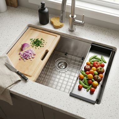 Click here to see Franke PS2X110-33-WKC Franke Professional 2.0 Undermount Single-Bowl Workcenter Sink Kit, Stainless Steel - PS2X110-33-WKC (122.0672.204)