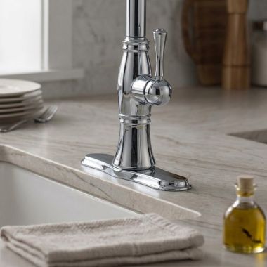 Click here to see Delta RP71545PCPR Delta Cassidy Escutcheon for 4197 Single Handle Pull-Out Kitchen Faucet, Lumicoat Chrome - RP71545PCPR