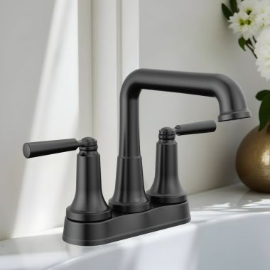 Click here to see Delta 2536-BLMPU-DST Delta Saylor Centerset Bathroom Faucet, Two Hadles, Metal Drain With Push-Pop, DIAMOND Seal, ADA-Compliant, 1.2 GPM, Matte Black - 2536-BLMPU-DST