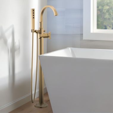 Click here to see Delta T4788-CZ-PR-LHP-FL Delta Tetra Freestanding Tub Filler with 1.75 GPM Single-Setting Hand Shower, Less Handles, Lumicoat Champagne Bronze - T4788-CZ-PR-LHP-FL
