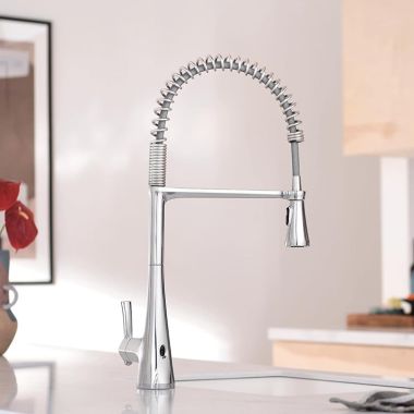 Click here to see Moen S5235EWC Moen Sinema Single Handle Semi Pro Spring Pulldown Kitchen Faucet, MotionSense Wave, Chrome - S5235EWC