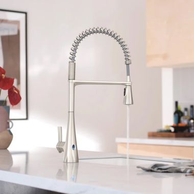 Click here to see Moen S5235EWSRS Moen Sinema Single Handle Semi Pro Spring Pulldown Kitchen Faucet, MotionSense Wave, Spot Resist Stainless - S5235EWSRS