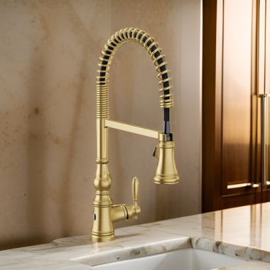 Click here to see Moen S73104EWBG Moen Weymouth Single Handle Semi Pro Spring Pulldown Kitchen Faucet, MotionSense Wave, Brushed Gold - S73104EWBG
