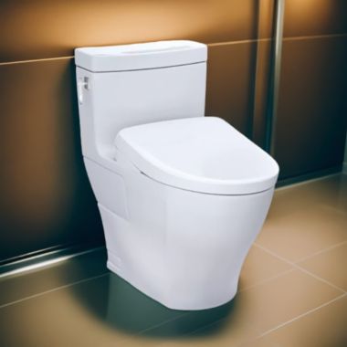 Click here to see Toto MW6264726CEFG#01 TOTO Aimes One-Piece Skirted Toilet w/ WASHLET+ (S7), Elongated, Universal Height, 1.28 GPF, Cotton White - MW6264726CEFG#01