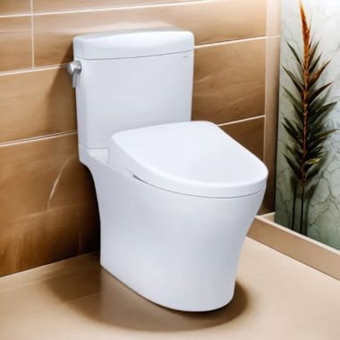 Click here to see Toto MW4364736CEMFGNA#01 TOTO Aquia IV Cube WASHLET+ Two-Piece Toilet with S7A Bidet Seat, Auto-Open/Close, 1.28/0.9 GPF, Auto-Flush, Cotton White - MW4364736CEMFGNA#01