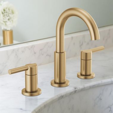 Click here to see Delta 35749LF-CZ Delta Nicoli Widespread Bathroom Faucet, Two-Handle, Deck Mount, ADA-Compliant, 1.2 GPM, Champagne Bronze - 35749LF-CZ